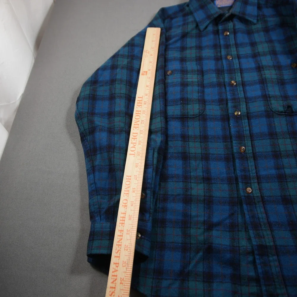 Pendleton Vintage Plaid Wool Flannel Men Shirt L Western Blue Logger Cabin Retro